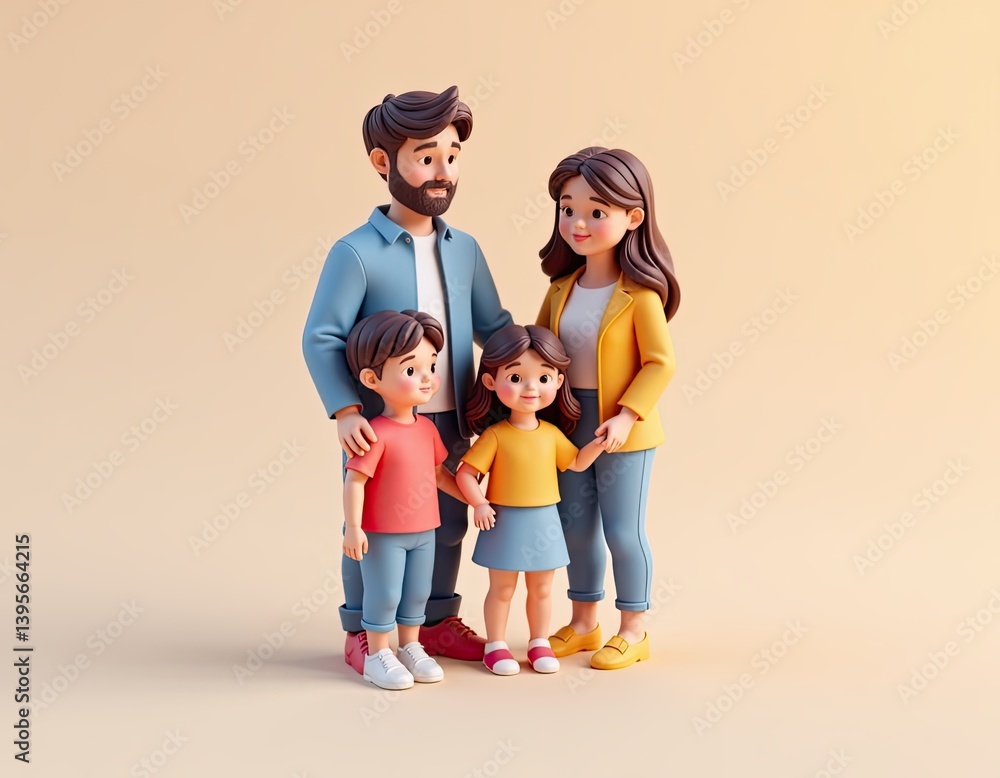Happy Cartoon Family Portrait Parents and Children Smiling Together