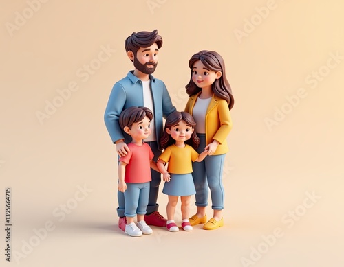 Obraz na płótnie Happy Cartoon Family Portrait Parents and Children Smiling Together w salonie