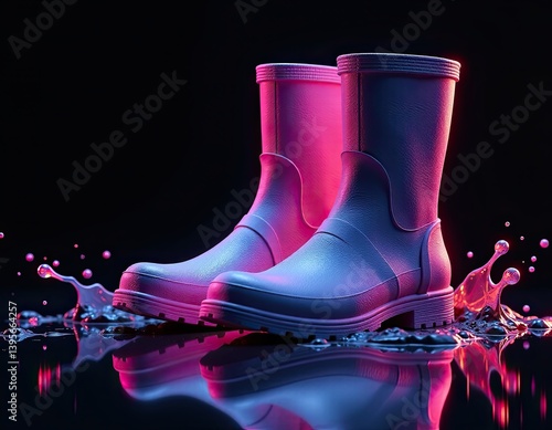 Obraz na płótnie Neon Pink Rubber Boots in Water Splashes - Stylish Rainy Day Footwear w salonie