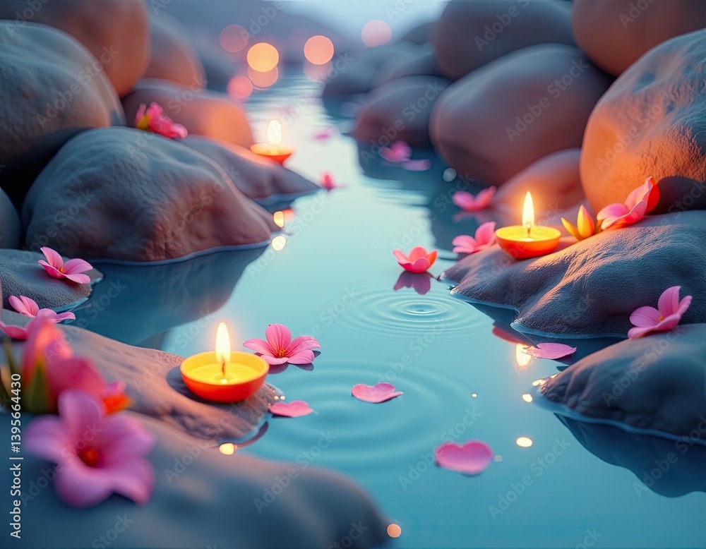 Serene Spa Scene Candles, Flowers, and Stones in a Tranquil Stream