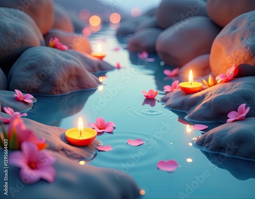 Obraz na płótnie Serene Spa Scene Candles, Flowers, and Stones in a Tranquil Stream w salonie