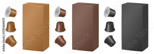 Set of black and brown coffee capsules and cardboard packaging. Realistic packaging mockup of a box
