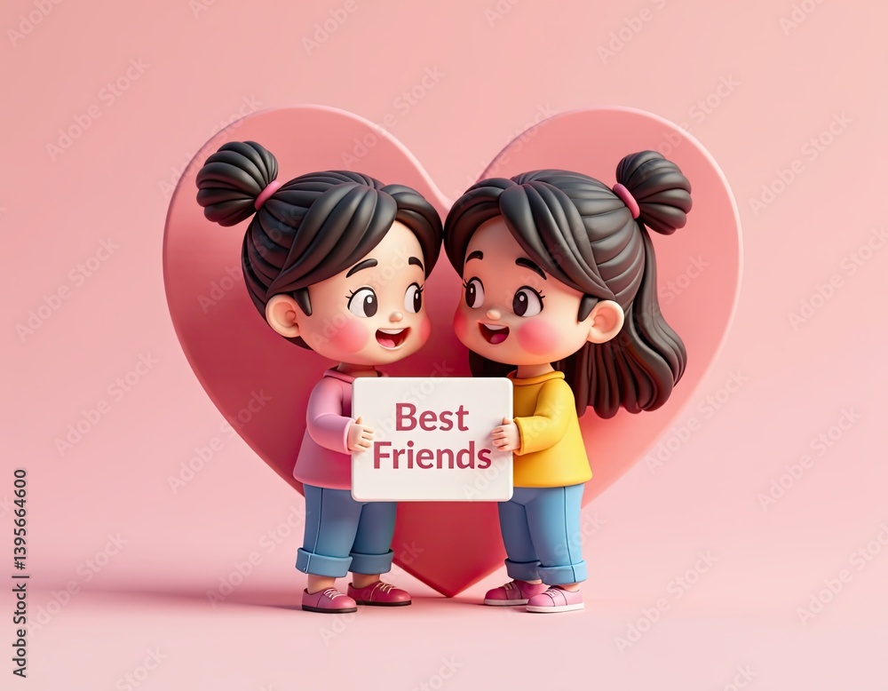 Adorable 3D Cartoon Girls Best Friends Holding Sign, Pink Heart Background