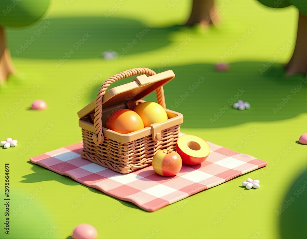 Cute 3D Render of Picnic Basket with Fruits on Grass