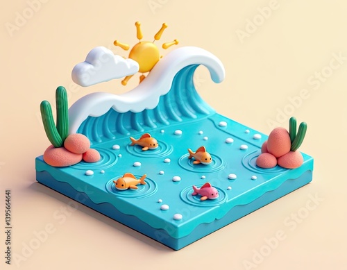 Cute 3D Render of Fish Swimming in Ocean Wave Scene