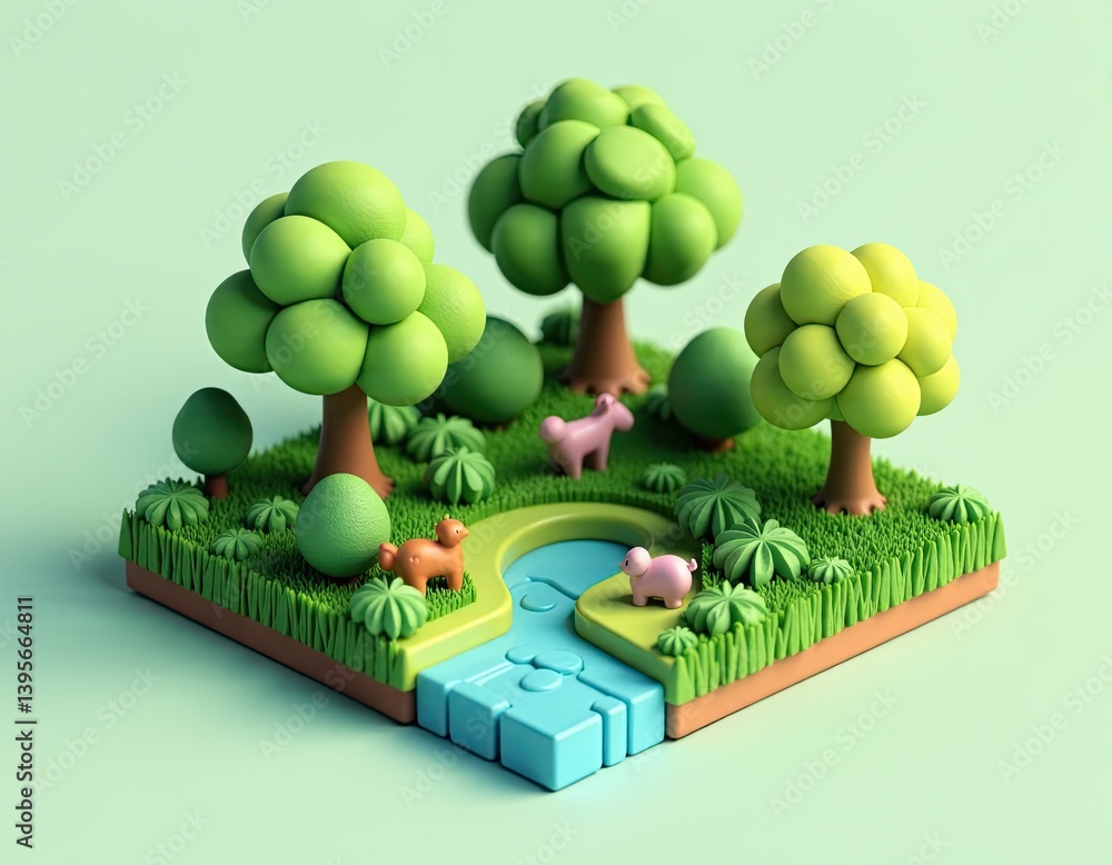 Cute 3D Render of Miniature Farm Animals in a Cartoon Landscape