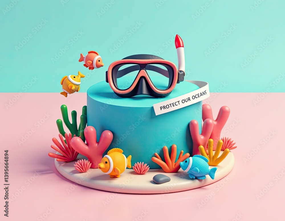 Protect Our Oceans 3D Render of Diving Mask and Coral Reef