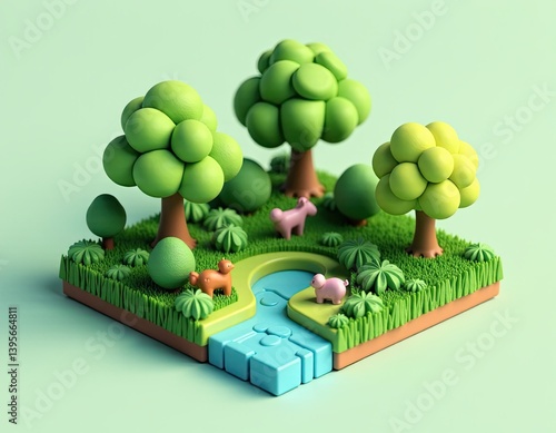 Obraz na płótnie Cute 3D Render of Miniature Farm Animals in a Cartoon Landscape w salonie