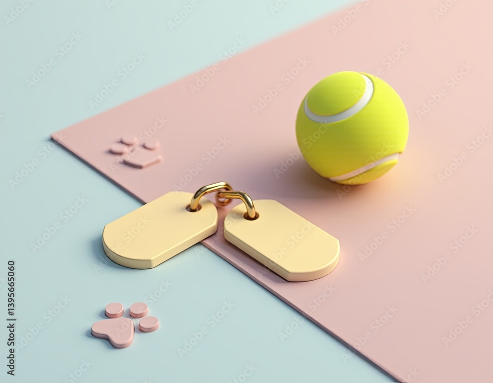 Pastel Pet ID Tags and Tennis Ball - Minimalist 3D Render