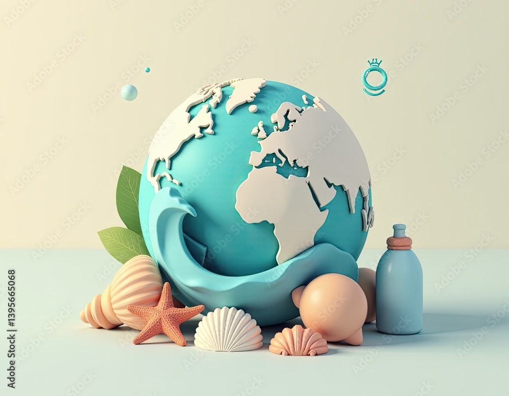 3D Render of Earth Globe with Seashells and Ocean Wave - Sustainable Travel Concept