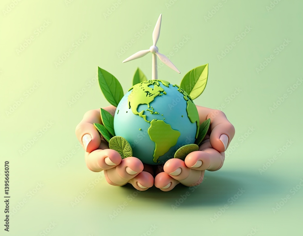 Hands Holding Earth Globe with Wind Turbine and Green Leaves - Sustainable Energy Concept