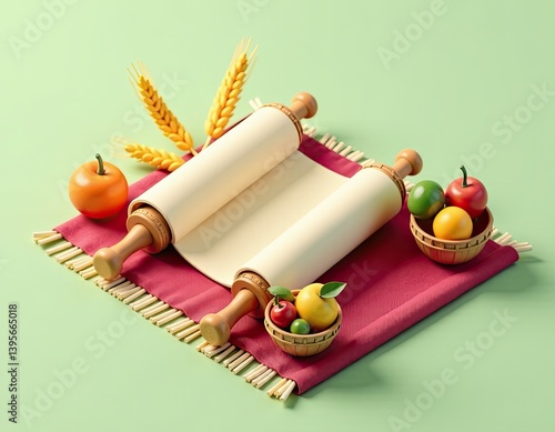 Obraz na płótnie Blank Scroll with Fruit and Wheat on Red Mat - Rosh Hashanah Concept w salonie