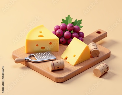 3D Render of Cheese, Grapes, and Wine Corks on Wooden Board