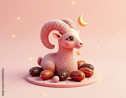 Cute 3D Render of a Ram with Dates and Crescent Moon - Eid al-Adha Illustration