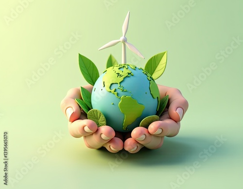 Obraz na płótnie Hands Holding Earth Globe with Wind Turbine and Green Leaves - Sustainable Energy Concept w salonie