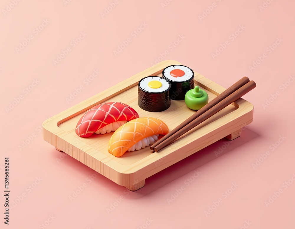 Delicious Sushi Platter with Chopsticks on Pink Background - 3D Render