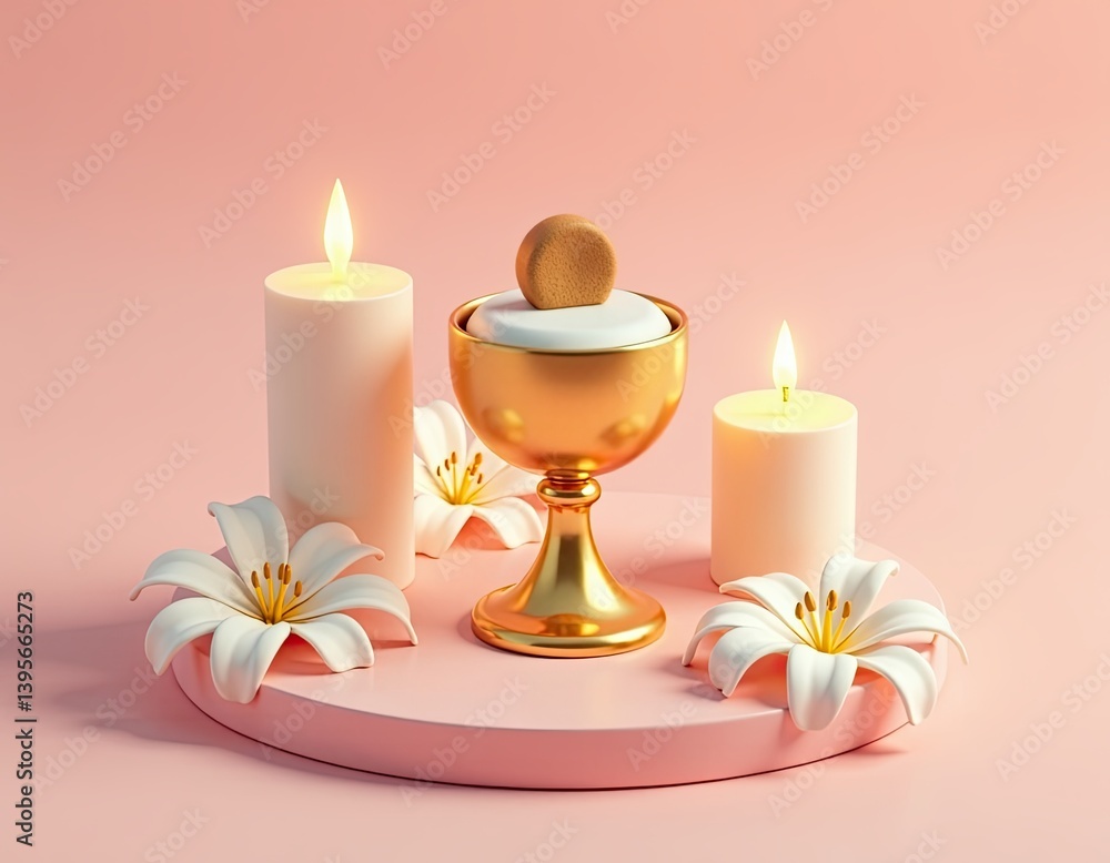 Holy Communion, Eucharist, Candles, Lilies, Pink Background, 3D Render