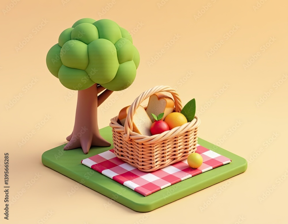 3D Render of a Picnic Basket under a Tree