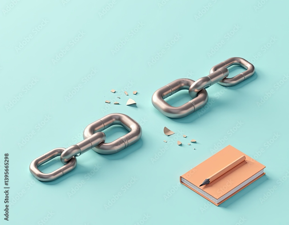 Broken Chain Links and Notebook - Concept of Disruption, Problem Solving, or Missing Link