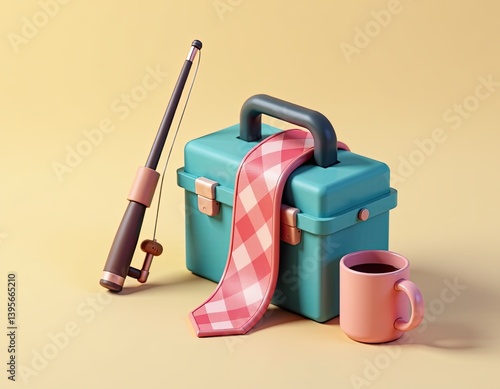 Obraz na płótnie Father's Day Gift Ideas Fishing Rod, Tool Box, Tie, and Coffee w salonie