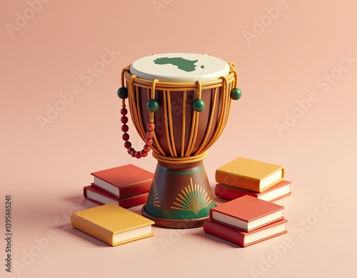 Obraz na płótnie African Djembe Drum with Books and Beads - Cultural Heritage Concept w salonie