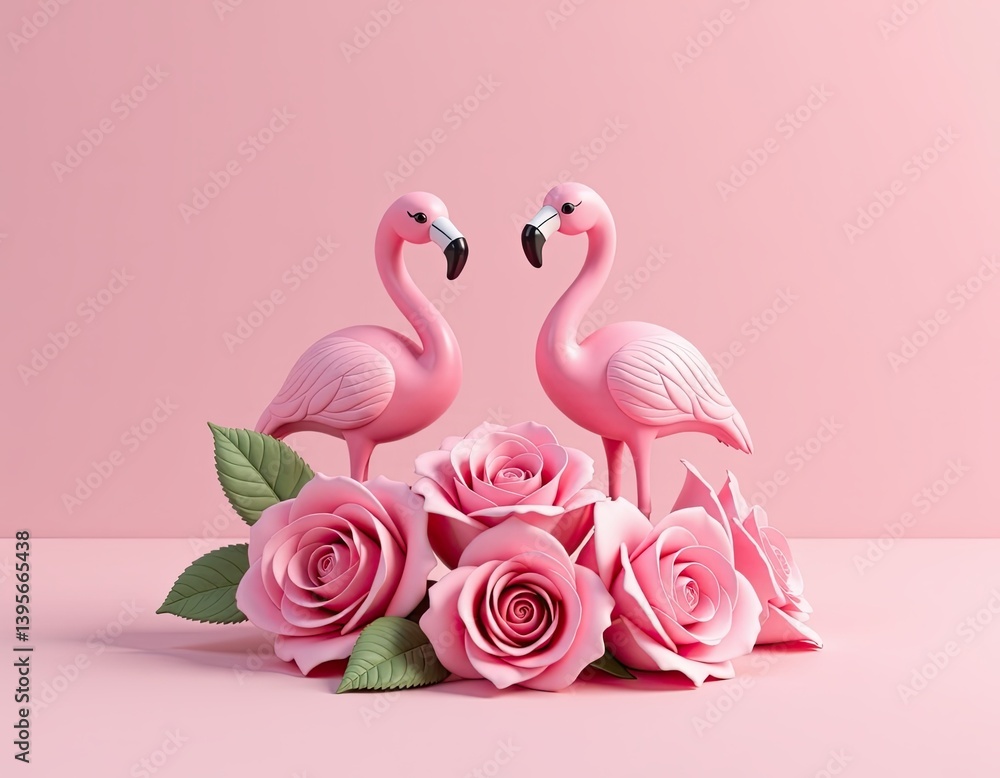 Pink Flamingos and Roses on Pink Background - Romantic Summer Concept