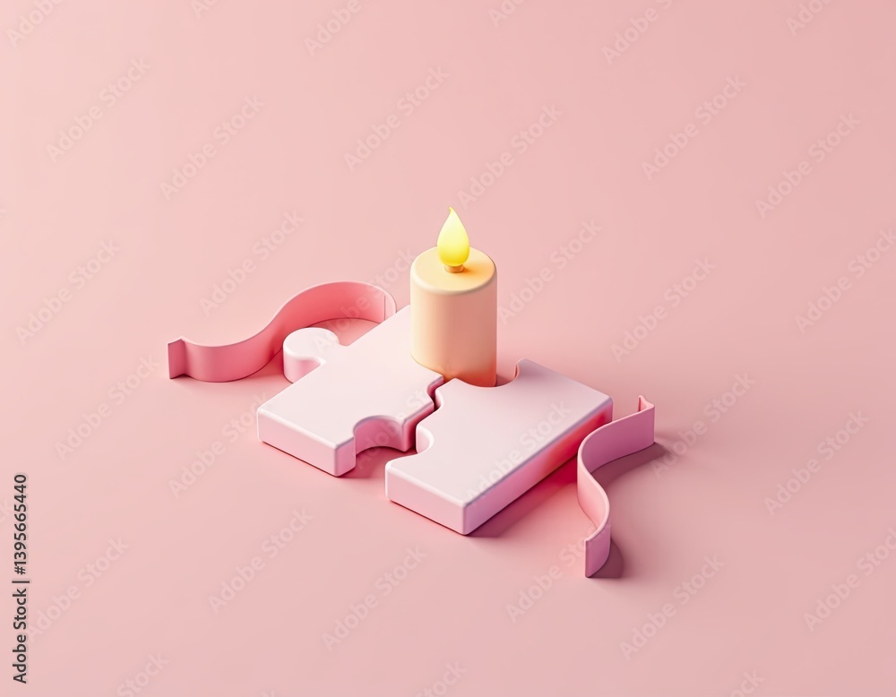 Lit Candle on Pink Puzzle Pieces - Minimalist Concept