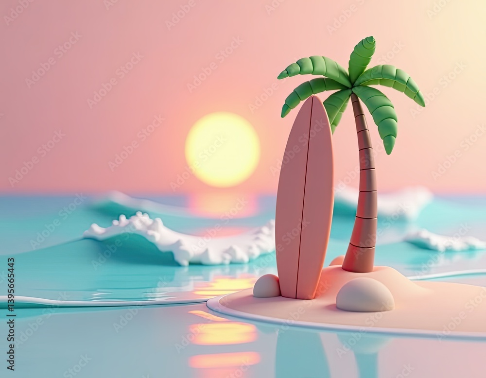 Cartoon Surfboard and Palm Tree on Tropical Island at Sunset - 3D Render