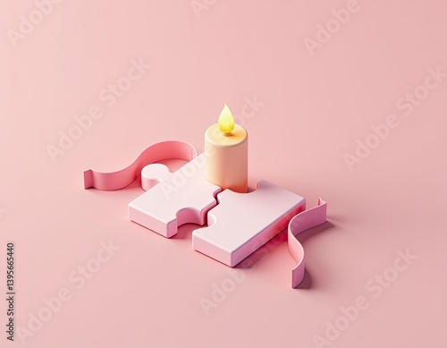 Obraz na płótnie Lit Candle on Pink Puzzle Pieces - Minimalist Concept w salonie