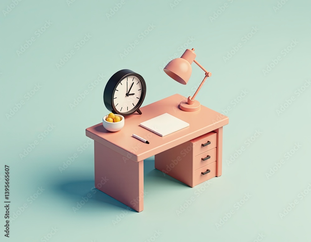 Minimalist Pink Desk Workspace with Clock, Lamp, and Notepad - 3D Render