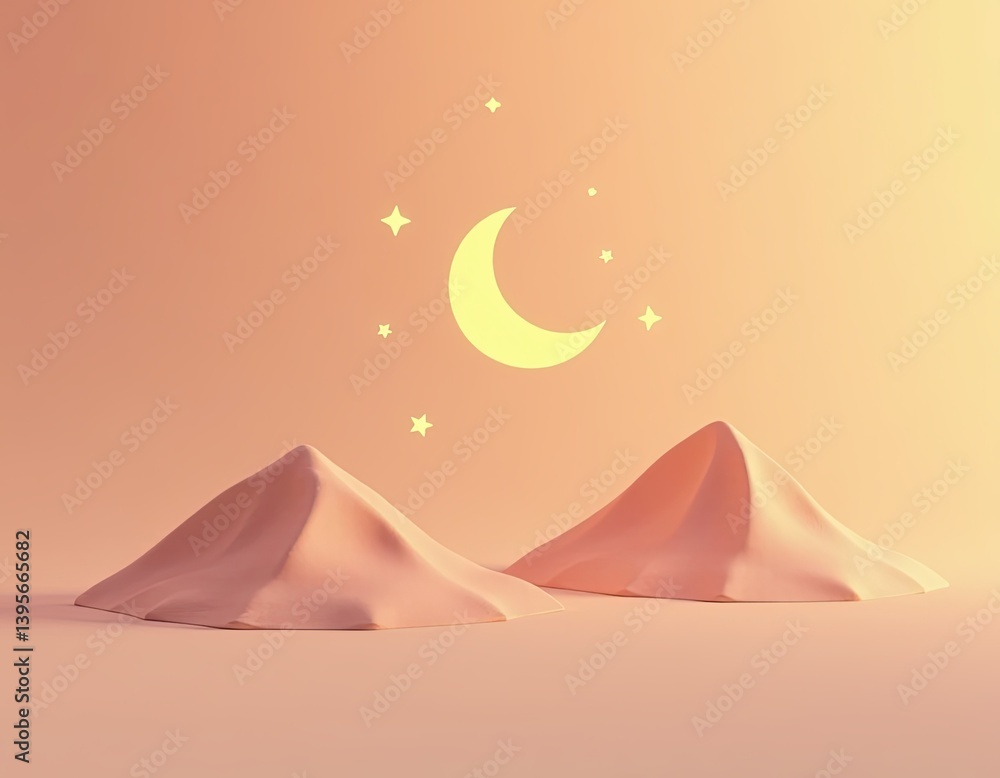 Pastel Pink Mountains under Crescent Moon and Stars - Dreamy Night Landscape