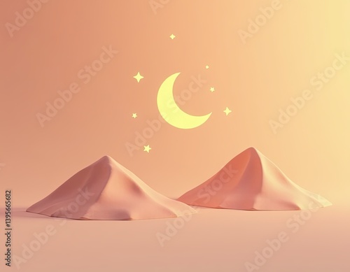 Obraz na płótnie Pastel Pink Mountains under Crescent Moon and Stars - Dreamy Night Landscape w salonie