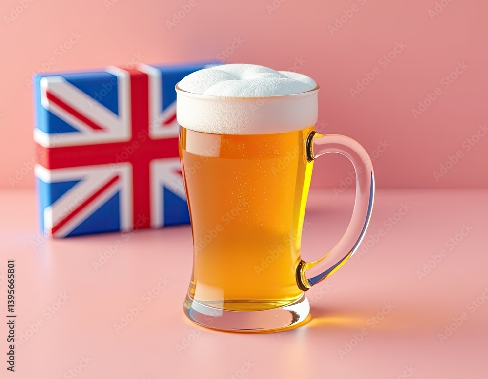 Pint of British Beer with Union Jack Gift Box on Pink Background