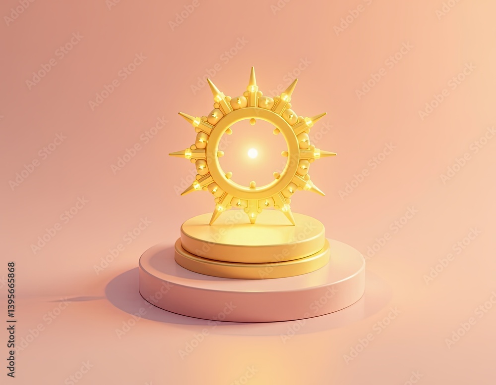 Golden Sun Symbol on Pink Pedestal - 3D Render