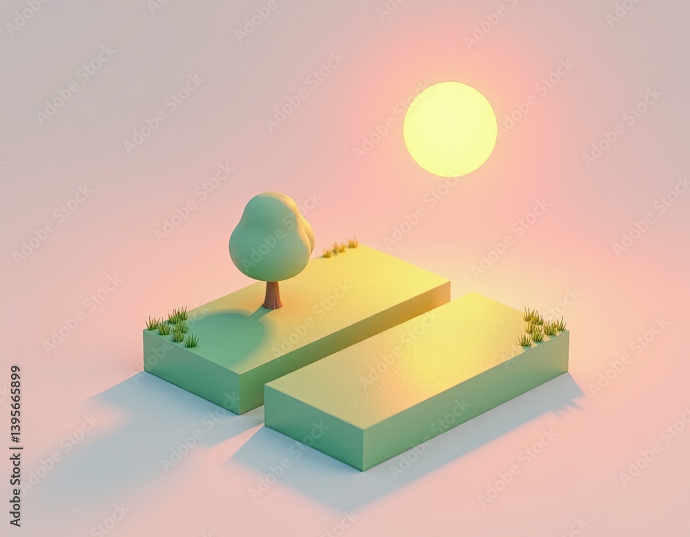 Minimalist 3D Render of a Tree and Two Platforms at Sunset