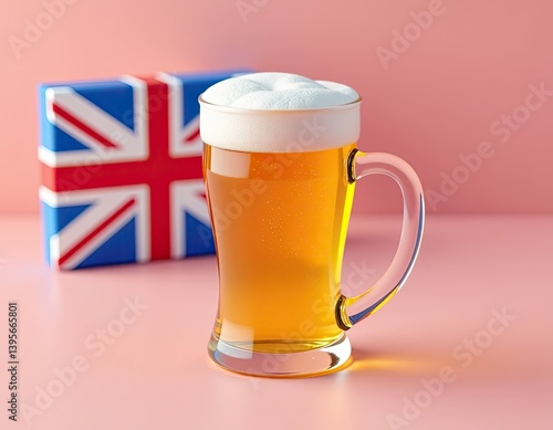 Obraz na płótnie Pint of British Beer with Union Jack Gift Box on Pink Background w salonie