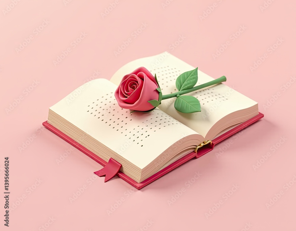 Pink Rose on Open Book - Romantic, Elegant 3D Render