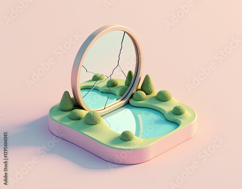 Broken Mirror Reflecting Serene Landscape 3D Render of Minimalist Nature Scene