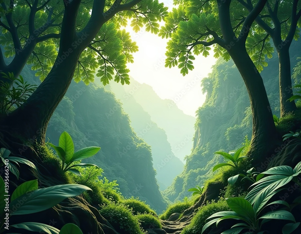 Lush Green Jungle Canyon, Sunlight Through Trees, Tranquil Nature Scene