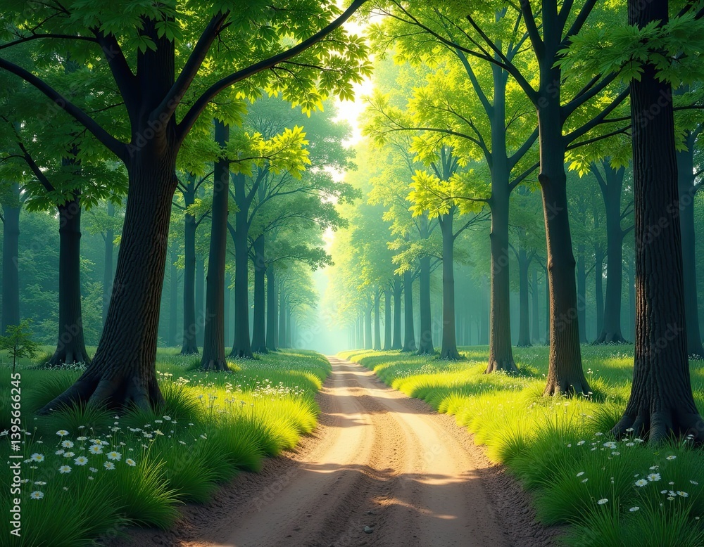 Sunlit Path Through Lush Green Forest - Tranquil Nature Scene