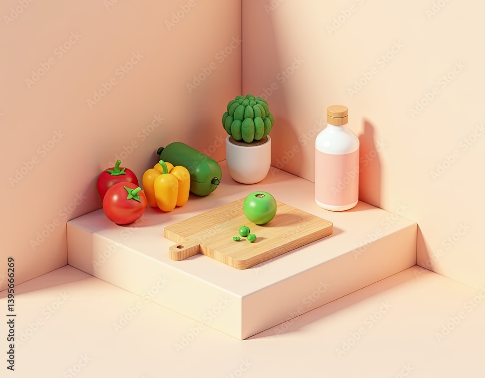 Minimalist 3D Render of Vegetables, Plant, and Bottle on Wooden Cutting Board