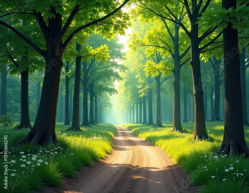 Sunlit Path Through Lush Green Forest - Tranquil Nature Scene
