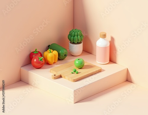 Obraz na płótnie Minimalist 3D Render of Vegetables, Plant, and Bottle on Wooden Cutting Board w salonie