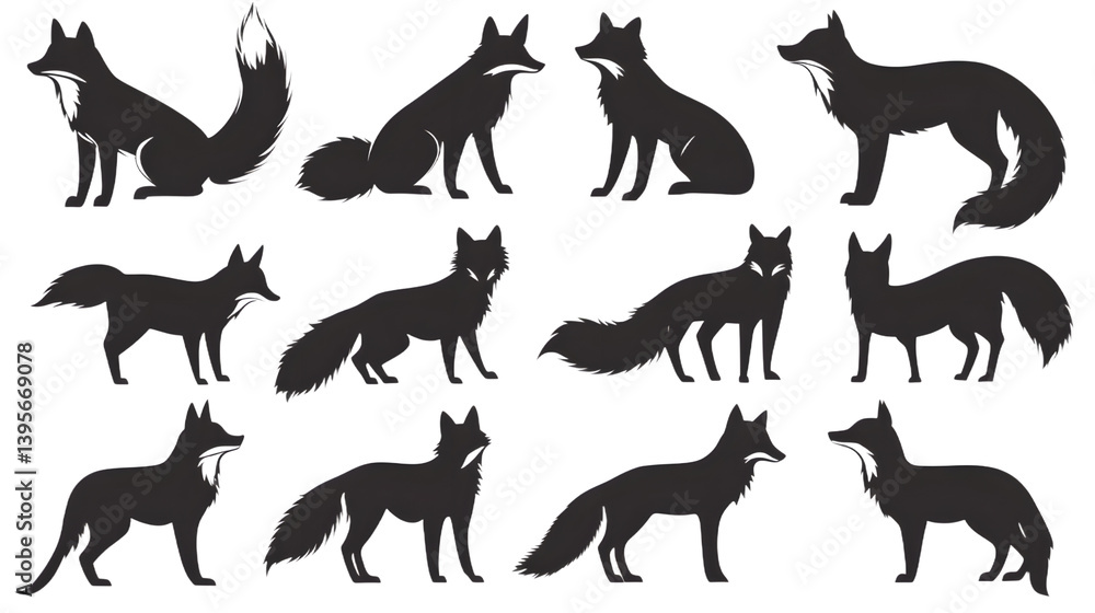 Fototapeta premium Collection of sleek fox silhouettes in various poses, showcasing elegance and agility.