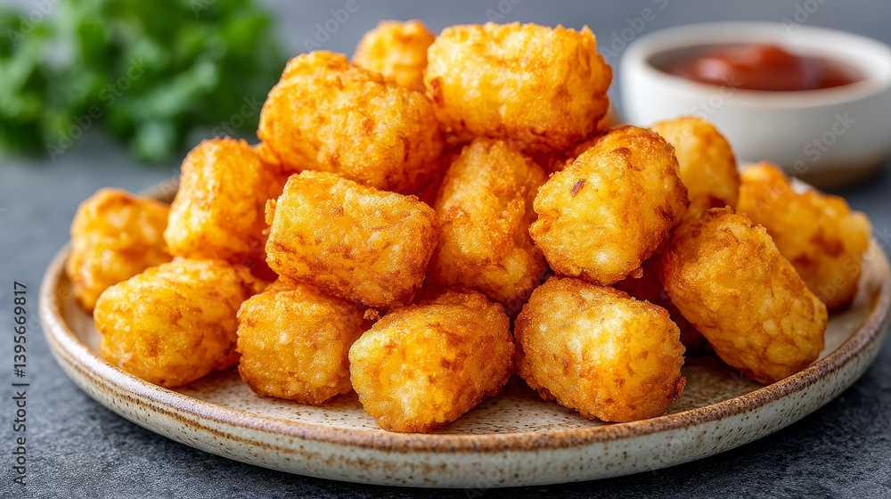 Crispy Tater Tots Platter - Golden brown tater tots piled high on a plate, perfect for a snack or appetizer. Served with ketchup Crispy Tater Tots Platter - Golden brown tater tots piled high on a plate, perfect for a snack or appetizer. Served with ketchup