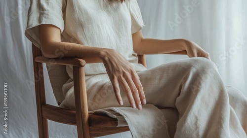 Female in relaxed beige outfit sitting on wooden chair