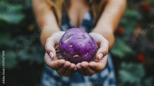Female hands holding purple potato in garden setting