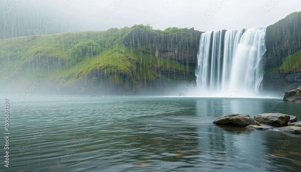 Fototapeta premium Misty Waterfall Cascading into a Calm River