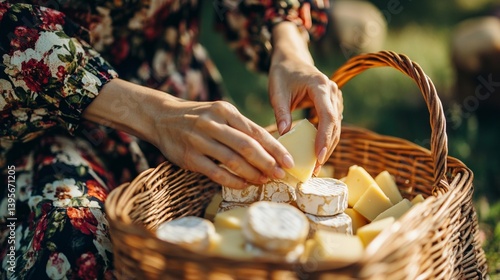 Woman arranging variety of artisan cheeses in a wicker basket outdoors