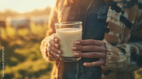 Female holding glass of milk in sunny pasture
